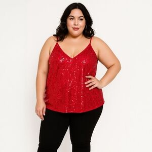 Calvin Klein Women's Red V-Neck Sleeveless Sequin Camisole Top Size 3X